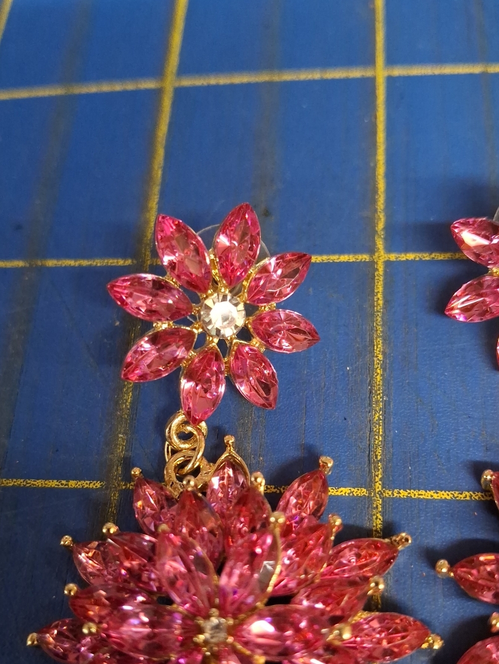 Pink Crystal Floral Drop 2.25" Earrings New - Picture 2 of 4